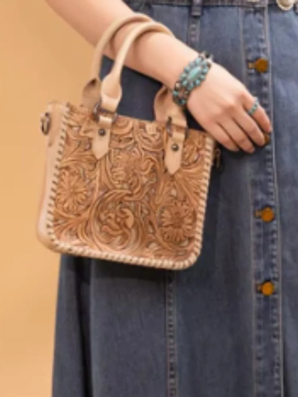 Trinity Ranch Floreal Tooled Mini Tote Crossbody Tan NWT - Picture 4 of 4